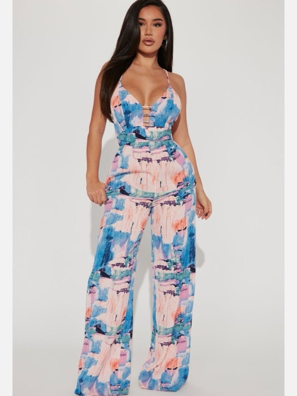Fashion Nova Multicolor Tie-Dye Plunge Jumpsuit in Blue and Pink